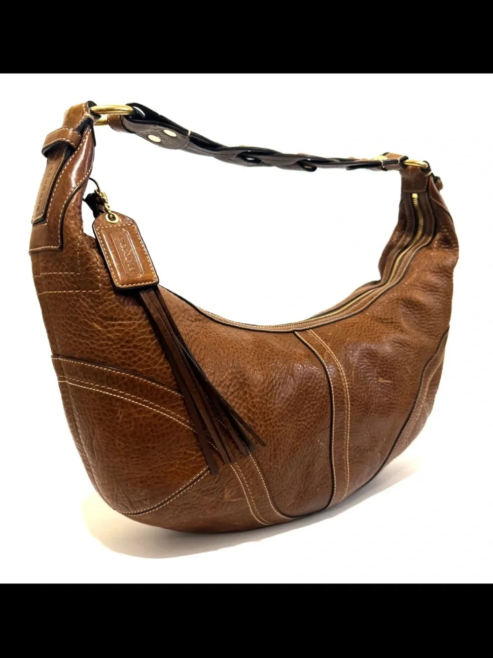 NICE COACH Y2K SOHO TOBACCO WHISKEY PEBBLED LEATHER BRAIDED LARGE HOBO BAG 10042
